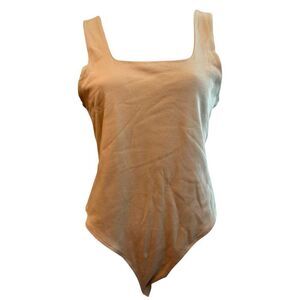 Womens Large Tank Bodysuit Tan Snaps Sleeveless Square Neck Stretch New Day NWT